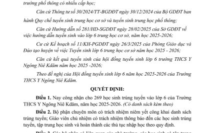 Trường THCS Y Ngông Niê Kdăm công bố Danh sách học sinh trúng tuyển lớp 6 năm học 2025 – 2026.